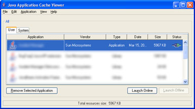 Painel de Controle do Java - Exibir Aplicações no cache