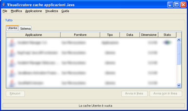 Javaコントロール・パネル - キャッシュ内のアプリケーションの表示画面