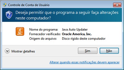 Prompt de consentimento do UAC para permitir a execução do processo Java Auto Updater