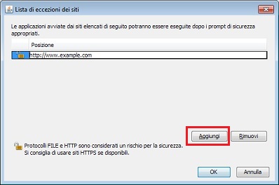 Finestra Lista di eccezioni dei siti