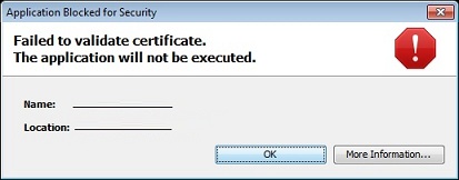 Certificate validation failed - The certificate for the application from the listed location cannot be validated. This application will not be executed.