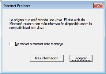 Cuadro de diálogo que indica que la página que se está visualizando utiliza Java