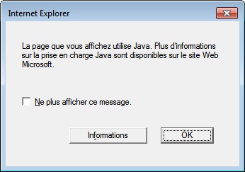Boîte de dialogue indiquant que la page en cours de visualisation utilise Java