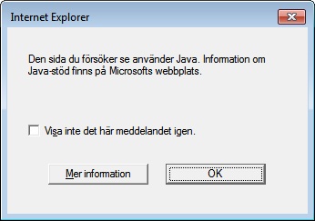 Dialogruta med meddelandet Den sida du försöker se använder Java