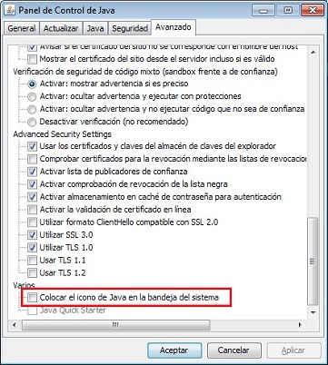 Desactive esta opción para desactivar el icono de Java en la bandeja del sistema