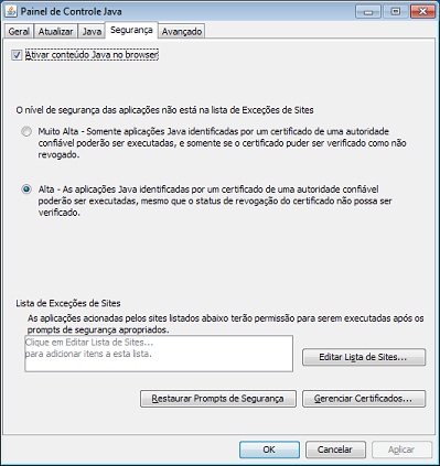 Guia Segurança do Painel de Controle do Java
