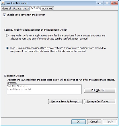 Вкладка Security (Безопасность) Java Control Panel