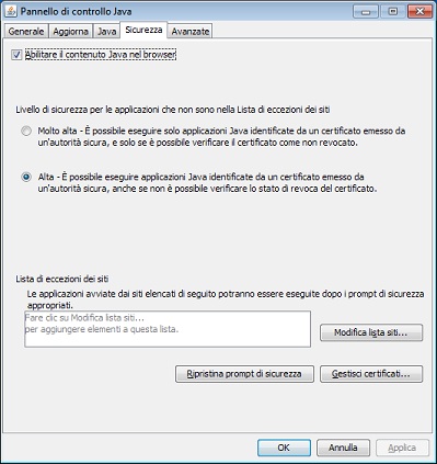 Scheda Sicurezza del Pannello di controllo Java