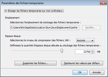 Boîte de dialogue Paramètres des fichiers temporaires