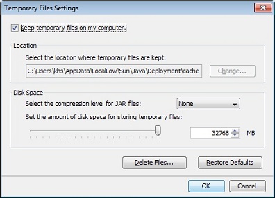 Temporary Files Settings dialog box