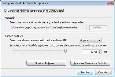 Cuadro de diálogo Configuración de archivos temporales