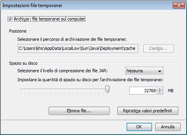 Finestra di dialogo Impostazioni file temporanei