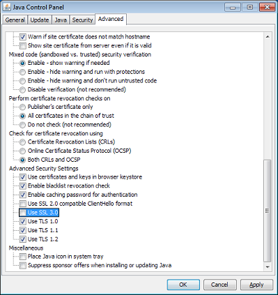 Java Control Panel: wyłączanie opcji SSLv3