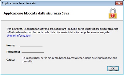 Applet non firmata: un'applicazione non firmata proveniente dalla posizione indicata di seguito sta richiedendo l'autorizzazione per l'esecuzione. L'esecuzione di questa applicazione potrebbe comportare dei rischi per la protezione